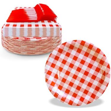 Imagem de WYQJHKV Serve 35 convidados, artigos de festa de guingão vermelho incluem pratos e guardanapos de papel de sobremesa vermelha descartáveis de 17,8 cm para casamento, chá de bebê, festa de aniversário