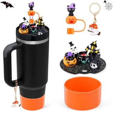 Imagem de AIERSA Acessórios de copo de Halloween para Stanley 1,134 g com tampa de Halloween, topos de palha de abóbora, bota de silicone, pingente fantasma fofo para decorações de copos Stanley