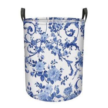 Imagem de Cesto de roupa grande chinoiserie azul e branco com alças bolsa de roupas dobrável, organizador de armazenamento para banheiro, armário de banheiro, roupas, organização de brinquedos, 60 L