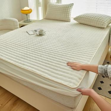 Imagem de Protetor de colchão de veludo, colcha macia e quente, luxuosa, macia, confortável, capa de colchão com bolso profundo, tamanho king/queen/casal/solteiro, bege, 150 x 200 cm (apenas capa de colchão)