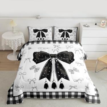 Imagem de jejeloiu Conjunto de edredom kawaii, tamanho casal, fofo, com laço, para crianças, meninos, meninas, preto com gravata borboleta, edredom para decoração de quarto, 3 peças com 2 fronhas