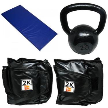 Imagem de Kit Colchonete Azul + Par de Caneleira 2Kg + kettlebell Pintado 20kg -