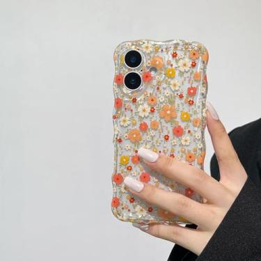 Imagem de RALEAVO Capa para iPhone 17 linda estampa floral, moldura ondulada transparente para mulheres, capa protetora macia à prova de choque antiderrapante para iPhone 17, flores laranjas