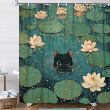 Imagem de DYNH Cortina de chuveiro de gato para banheiro, cortina de chuveiro com pintura a óleo estética de lótus de gato preto engraçado, gatinho em nenúfares conjunto de cortinas de banho de poliéster com