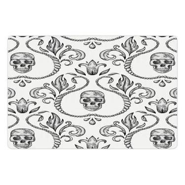Imagem de Tapete de animal de estimação gótico Lunarable para comida e água, enfeite de caveira gótica esqueleto motivos florais em estilo barroco ilustração, tapete de borracha antiderrapante para cães e gatos, 45,7 x 30,4 cm, branco e preto