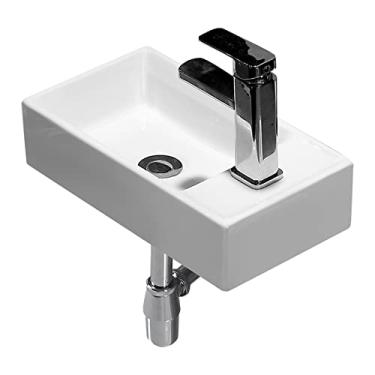 Imagem de Pias de banheiro pia de banheiro de porcelana branca pia de parede suspensa pia pequena bacia de vestiário retangular conjunto de pia de lavatório de cerâmica com torneira e pia de vaso de drenagem