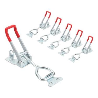 Imagem de HARFINGTON 6 peças de braçadeira ajustável M8 x 40 mm 350 kg capacidade de retenção estilo 4003 grampos de trava de liberação rápida com furo de trava para caixa de ferramentas, prata vermelha