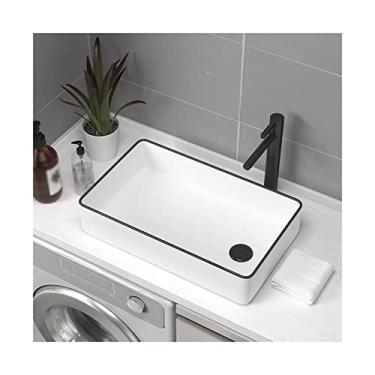 Imagem de Pias de banheiro 49,8 cm x 31,8 cm Pia de banheiro retangular de cerâmica branca, pia de vaso de porcelana acima do balcão com torneira preta e pia de vaso combo de dreno pop-up