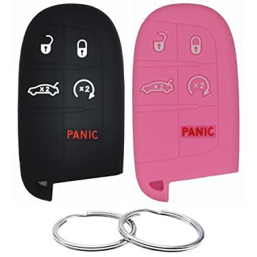 Imagem de REPROTECTING Capa de borracha de silicone compatível com Chrysler 200 300 Dodge Challenger Charger Dart Durango Journey Fiat 500 L X Jeep Cherokee Compass Grand Renegade (preto e rosa)