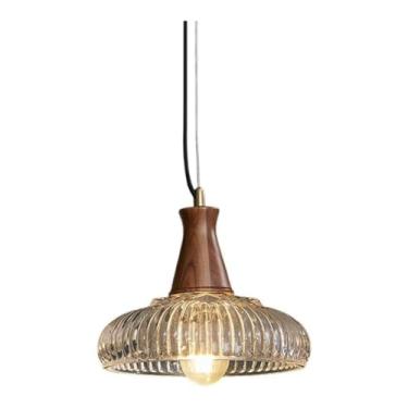 Imagem de Luminária de teto com lâmpada E27 - Lustre de design de tampa de panela de estilo industrial simples com vidro ajustável, materiais de cobre compatíveis com ilha de cozinha, armazém, quarto