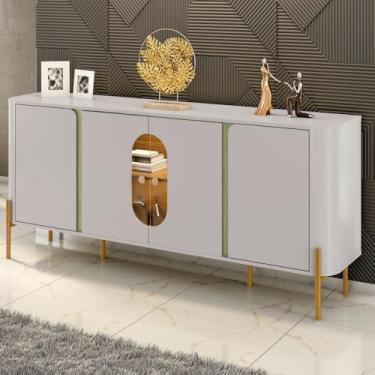 Imagem de Balcão Buffet Tambaú 4 Portas 1 Prateleira com Vidro e Led Off White/Pistache - Móveis Bechara