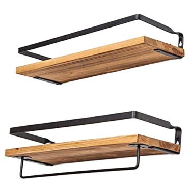 Imagem de Prateleiras de armazenamento flutuantes - Prateleiras de parede de banheiro montadas na parede com barra de toalha - Prateleira de madeira maciça perfeita para decoração de quarto, conjunto de 2