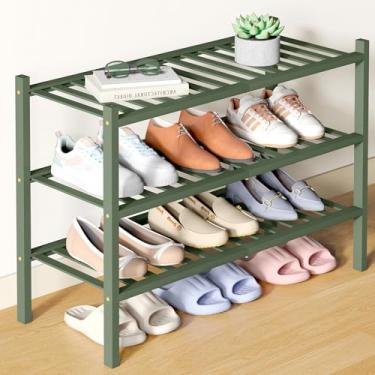 Imagem de Smiry Sapateira de bambu para armário, organizador de sapatos empilhável de madeira de 3 níveis, prateleira de armazenamento de sapatos de pé livre para entrada, entrada da porta da frente, verde