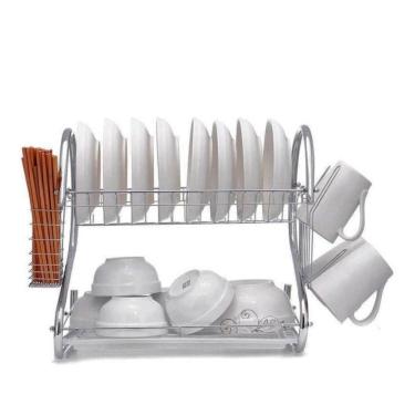 Imagem de Escorredor De Louças 2 Andares Porta Copos E Talheres De Metal Duplo