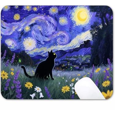 Imagem de Tapete de rato com flores florais de gato preto lua estrelada, impermeável, antiderrapante, base de borracha para laptop de escritório, 24 x 20 x 0,3 cm