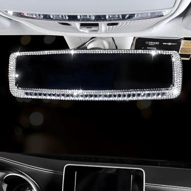 Imagem de Espelho retrovisor de carro grande angular de vidro HD de 10,7 polegadas com clipe diamante brilhante acessórios decorativos interiores panorâmicos decoração de carro para mulheres (branco + preto)