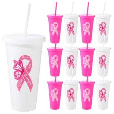 Imagem de Skylety 12 conjuntos de presentes de conscientização do câncer de mama em massa copo de fita de conscientização inspiradora copo de 680 g copos de plástico reutilizáveis com tampa e canudos caneca de