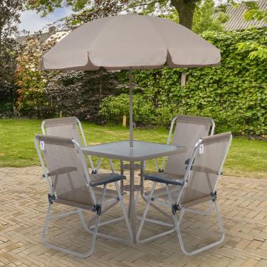 Imagem de Conjunto para Jardim Mesa com Tampo de Vidro e 4 Cadeiras e Ombrellone Petrópolis Bel - Bege