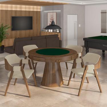 Imagem de Conjunto Mesa de Jogos Carteado Bellagio Tampo Reversível Verde e 4 Cadeiras Madeira Poker Base Cone Linho OffWhite/Nogueira G42 - Gran Belo