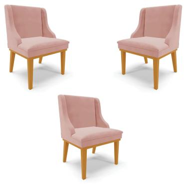 Imagem de Kit 3 Cadeiras Decorativas Sala de Jantar Base Fixa de Madeira Firenze Veludo Rose/Castanho G19 - Gran Belo