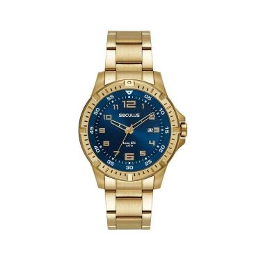 Imagem de RELÓGIO ANALÓGICO CALENDÁRIO AÇO VISOR AZUL SECULUS-Masculino