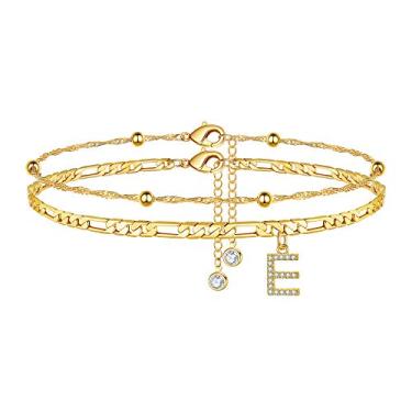 Imagem de Pulseiras de tornozelo Ursteel para mulheres, corrente Fígaro Banhado a Ouro 14 K Dainty Chain CZ Inicial Tornozeleiras de Verão Joias Presentes para Mulheres Adolescentes