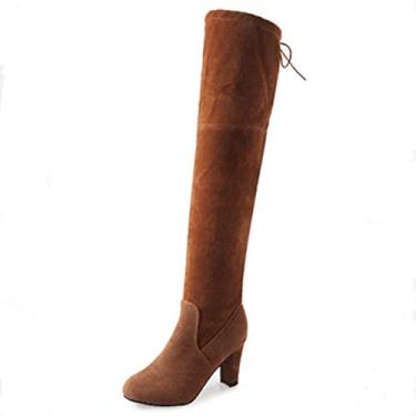 Imagem de Bigfanshu Botas femininas de outono e inverno camurça sintética acima do joelho femininas com cadarço sexy sapatos de salto alto fino botas cano alto botas casuais para uso ao ar livre botas de tornozelo e botinhas ocidentais, Marrom, 2.5