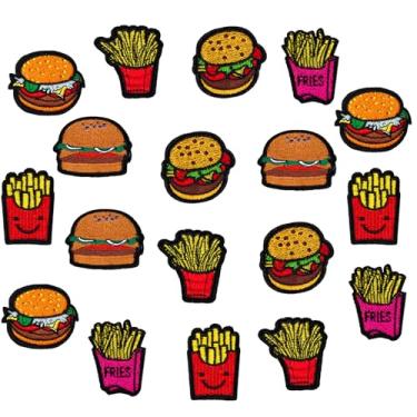 Imagem de 18 peças de batatas fritas a ferro em remendos, aplique bordado de hambúrgueres, emblema de ferro com tema alimentício costurado, adesivos de bordado para roupas, mochilas, jeans, jaqueta, chapéus