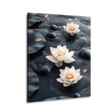 Imagem de Ioga e meditação arte de parede flores de lótus pedras na água tela impermeável pintura a óleo digital para decoração de banheiro casa spa arte HD impressão grande tamanho decoração espiritual (arte