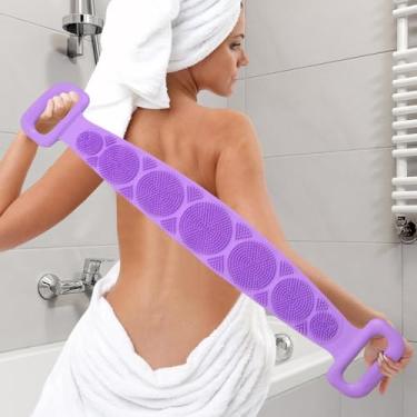 Imagem de 1 escova esfoliante para as costas com alças, esfoliante de silicone nas costas, escova de banho de cabo longo para homens e mulheres, roxo
