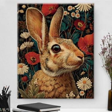 Imagem de Arte de parede botânica de coelho vintage emoldurado - Decoração de parede com flores escuras Academia para quarto, sala de estar, casa, 20,3 x 25,4 cm