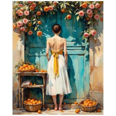 Imagem de Kit de vestido feminino branco com tinta laranja por números para adultos - Pintura de retrato elegante DIY em tela 40,6 x 50 cm, conjunto de tinta acrílica, adequado para iniciantes, arte para