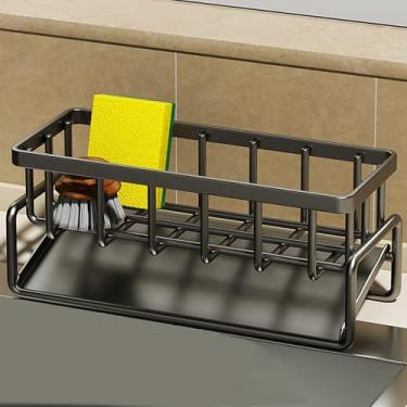 Imagem de Suporte de esponja para pia de cozinha, organizador de esponja de aço inoxidável 304 à prova de ferrugem, dispensador de sabão e rack de armazenamento de banheiro preto
