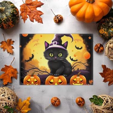 Imagem de Jogo americano de Halloween 29 x 43 cm – Design de outono com gato preto e abóbora, tapete de jantar lavável resistente ao calor para cozinha, mesa de centro e decoração de festa