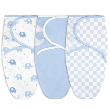 Imagem de Cobertor para bebê, 0 a 3 meses, saco de dormir de algodão com braço, cobertores vestíveis para recém-nascidos, meninas, meninos (elefante, xadrez, azul, pacote com 3)