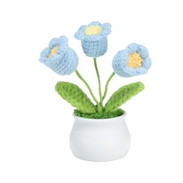 Imagem de Flores de crochê, tricô feito à mão, 3 cabeças, lírio do vale, tecido artificial, pequeno vaso com hastes para presentes de dia dos namorados, decoração de mesa, festa de casamento, escritório, azul