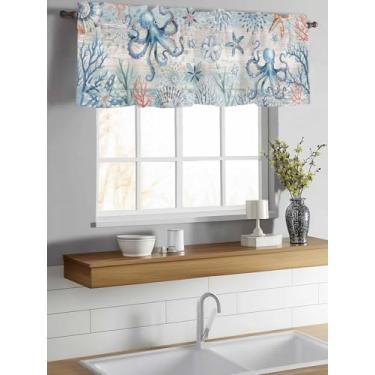 Imagem de Cortinas para janelas, polvo, coral, estrela-do-mar, janela, sanefa, bolso para varão, vida marinha, oceano, grão de madeira, decoração de janela, cortina para cozinha, sala de estar, quarto, 137 x
