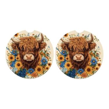 Imagem de 2 peças de porta-copos de carro de vaca Highland de girassol, tapete de borracha antiderrapante com entalhe de dedo para mulheres e homens, 7 cm