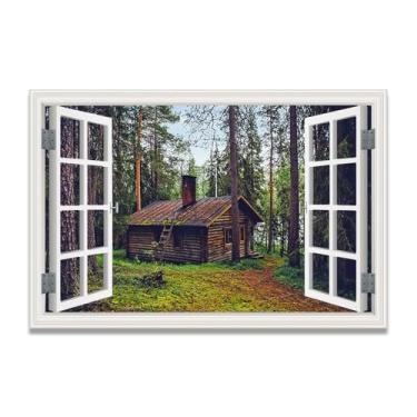 Imagem de LKXGRRSFG Uma casa de madeira coberta de tela falsa de janela de musgo, arte de parede cênica realista para quarto, casa, 50 x 75 cm, sem moldura