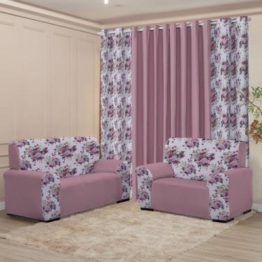 Imagem de Kit Sala Completo Cortina 3M Capa Sofá 2 e 3 lugar Coladinha Mista Dec