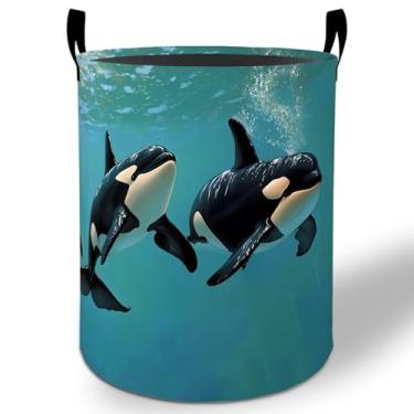 Imagem de Cesto de lavanderia de baleia orca, 50 x 40 cm, balde de armazenamento de roupas Oxford dobrável à prova d'água para quarto, banheiro, quarto, berçário, organizador de brinquedos, presentes para