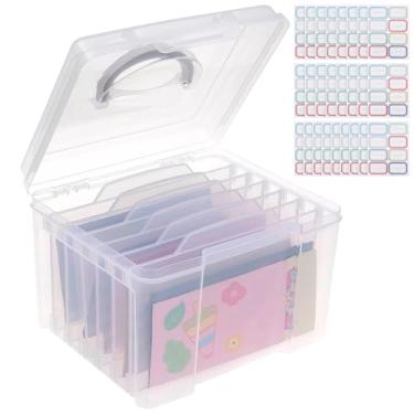 Imagem de Caixa de armazenamento de cartões comemorativos com 6 divisórias ajustáveis removíveis e adesivos, caixa de cartão de plástico transparente para fotos, artesanato, adesivos, envelopes