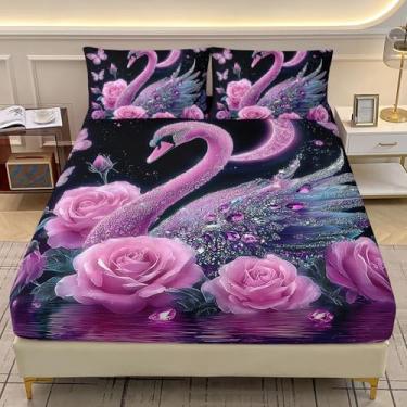 Imagem de AILONEN Jogo de lençol Queen com elástico de cisne floral, rosa, borboleta, 3 peças (lençol com elástico, 2 fronhas) microfibra
