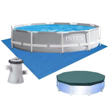 Imagem de Piscina Intex 4.485 Litros Estrutural Prism Cinza Capa Bomba 220v E Forro Intex