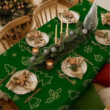 Imagem de HOMETITUTE Toalha de mesa de Natal festiva para temporada de férias, elegante, verde e dourada, estampa de arte, retângulo, toalha de mesa de jantar, uso interno e externo, suprimentos de festa 203 x