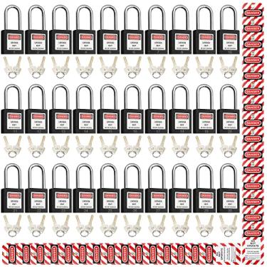 Imagem de SAFBY Fechaduras de identificação de bloqueio, cadeado de segurança, cadeados de segurança Loto com chave diferente para estação de kits de bloqueio de etiqueta (preto 1-30)