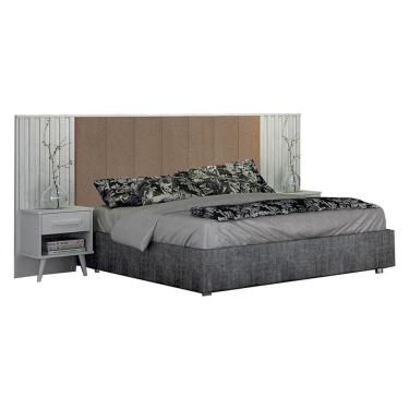 Imagem de Painel Cabeceira Casal Queen Milano Estofada Com Criado Branco Joli Camurça - Leifer Móveis