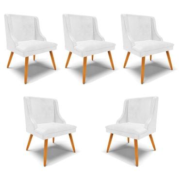 Imagem de Kit 5 Cadeiras Decorativas Sala De Jantar Pés Palito De Madeira Firenze Pu Branco Brilho/natural G19