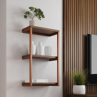 Imagem de Nicho De Parede Industrial Para Quarto 3 Prateleiras Milão - Cobre E Imbuia - Preto