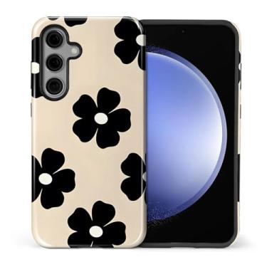 Imagem de Capa compatível com Samsung Galaxy S24 Plus, capa rígida híbrida de policarbonato de 2 camadas + capa protetora de silicone, capa à prova de choque com flores pretas resistente a arranhões para